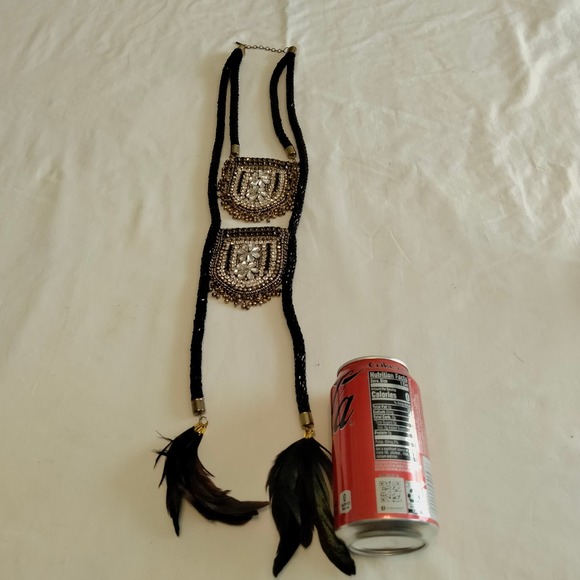 Iris Apfel & Bajalia Black-Clear Rhinestone Feathered Beaded 2 Layer Necklace - Picture 14 of 16